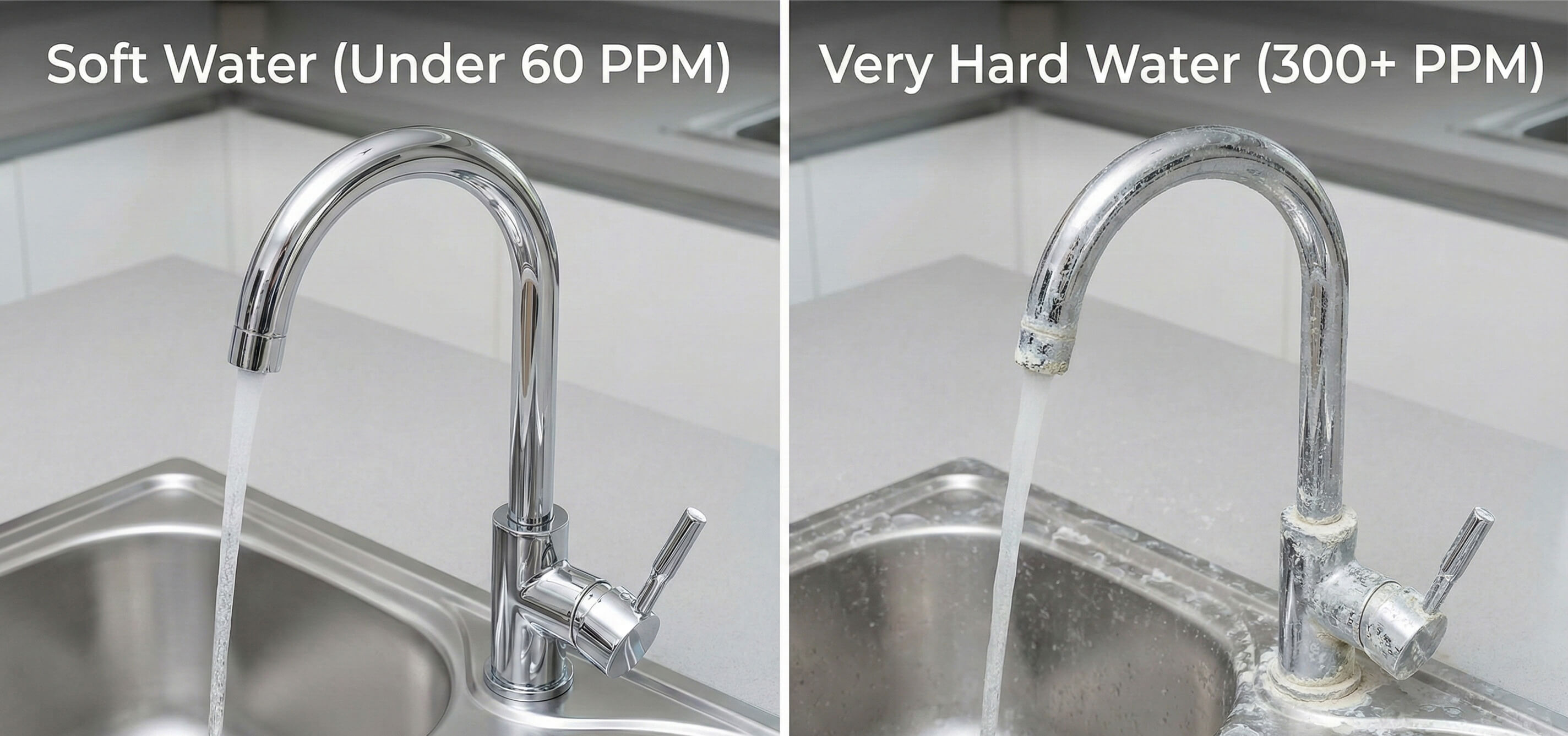 Comparison of clean faucet with soft water versus heavily scaled faucet with very hard water showing limescale buildup