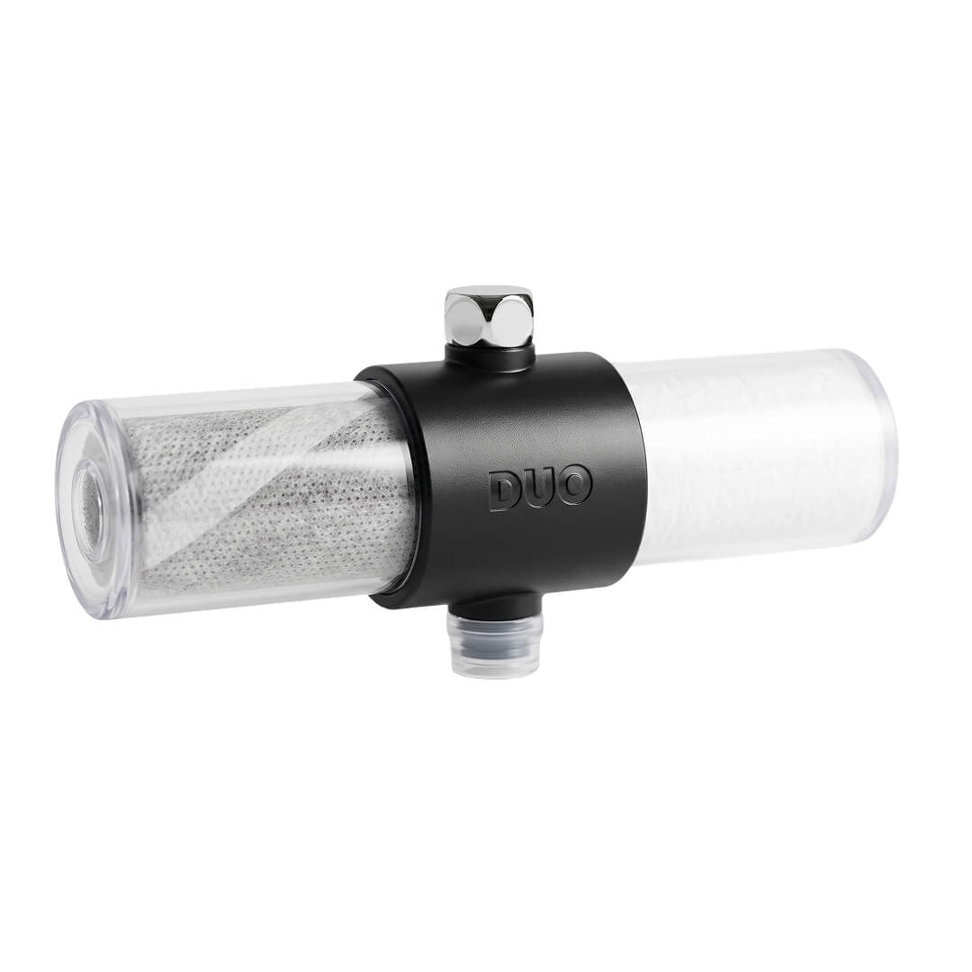 Weddell Duo shower filter for hard water — NSF 177 and NSF 53 certified inline chlorine filter with clear housing